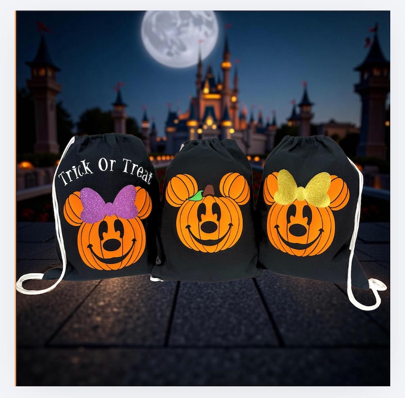 Mickey Minnie Inspired Halloween Pumpkin Personalized Drawstring Bag Cinch Bag Trick or Treat Bag Not So Scary Halloween Party Treat Bag image 1