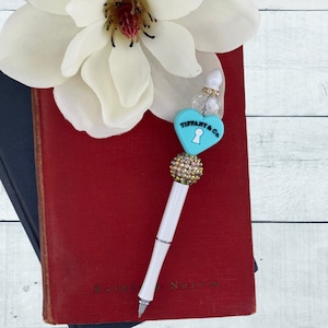 LUXE Blue Heart Metal Beaded Pen with refillable ink included