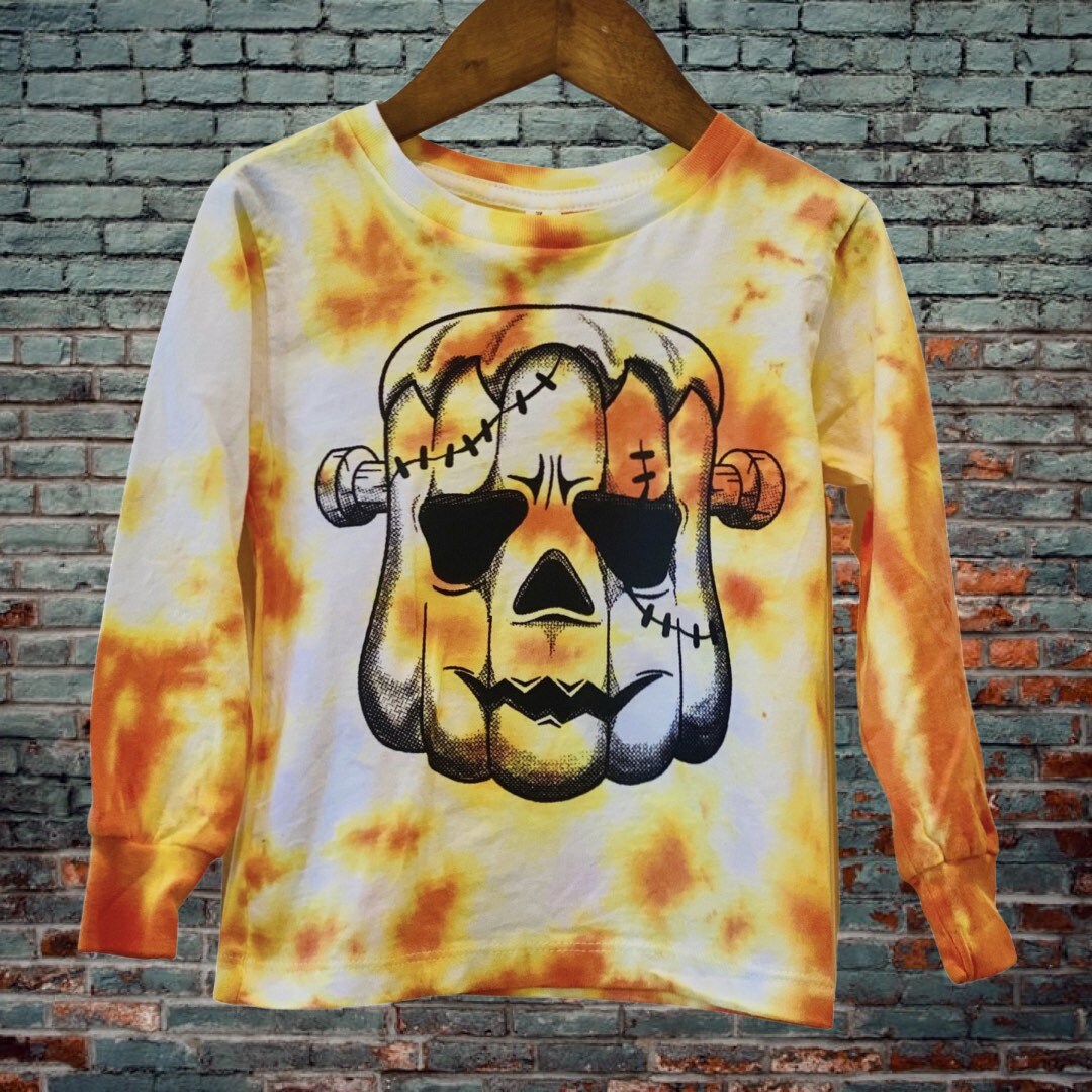 Maluch Halloween Temat Frankenstein Długi Rękaw Tie Dye | Jesienny Długi Rękaw | Halloween