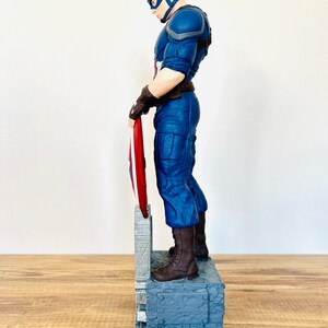 May include: A Captain America figurine in a blue and red costume, holding his shield. The figurine is standing on a gray base with a textured design. The figure is approximately 12 inches tall.