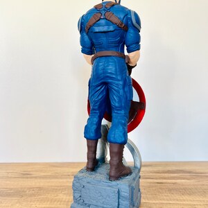 May include: A Captain America figurine, viewed from the back, stands on a gray base. The figure wears a blue uniform with brown straps and boots, holding a red and silver shield. The statue is on a wooden surface.