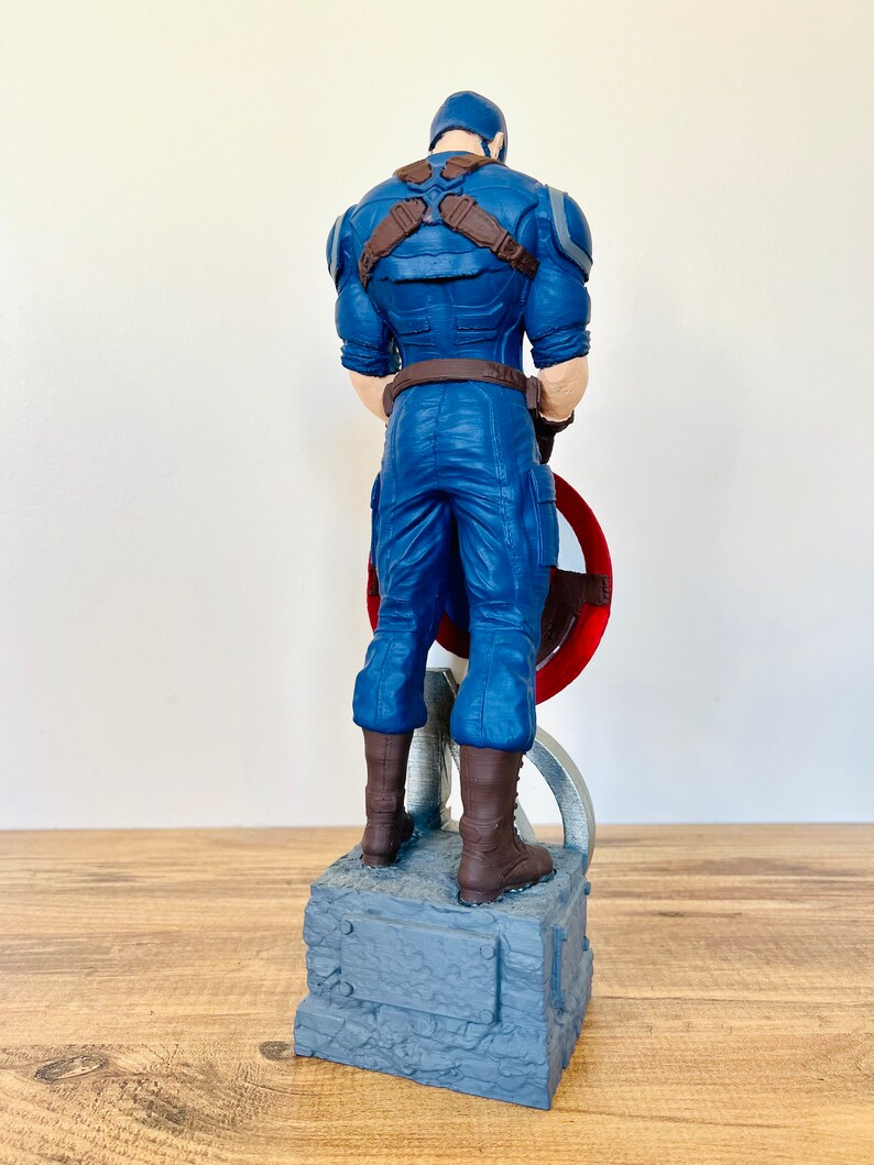 May include: A Captain America figurine, viewed from the back, stands on a gray base. The figure wears a blue uniform with brown straps and boots, holding a red and silver shield. The statue is on a wooden surface.