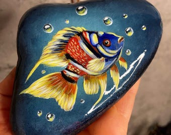 bemalter Stein, Unterwasserwelt,Fisch, Dekoration, Sammlerstücke, Kunst, Unikat
