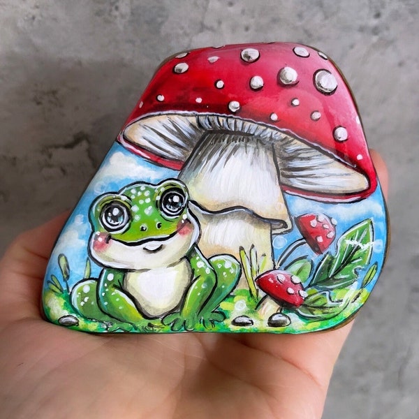 bemalter Stein,Frosch ,Fliegenpilz, Deko,Sammlerstücke , Kunst, Acryl, Geschenk