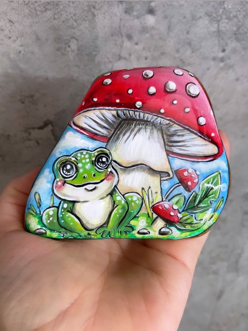 bemalter Stein,Frosch ,Fliegenpilz, Deko,Sammlerstücke , Kunst, Acryl, Geschenk Bild 1