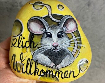 Bemalter Stein, Maus im Käseloch , Willkommens Stein , Dekoration,Muttertag , Geschenk, Resin,Kunst