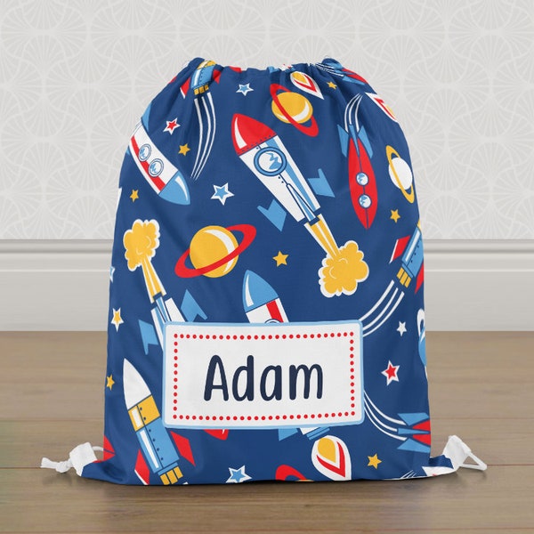 Personalised Rocket Space Ship Gym Bag, Boys Kids Drawstring Bag, Childrens School PE Bag, Swim Bag | Customise with any Name
