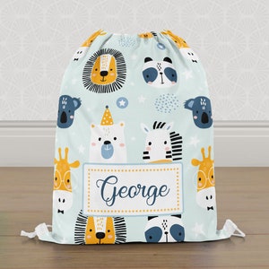 Personalised Party Zoo Animals Gym Bag, Boys Kids Drawstring Bag, Childrens School PE Bag, Swim Bag | Customise with any Name