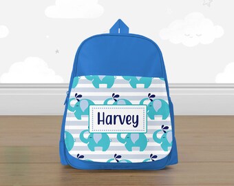 Childrens School Bag Personalised Blue Elephants Boys Kids Backpack 