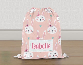 Personalised Bunny Rabbit Floral Gym Bag, Girls Kids Drawstring Bag, Childrens School Bag, School PE Bag, Swim Bag | Customise with any Name