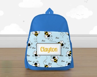 Childrens School Bag Personalised Blue Bumble Bee Blue Boys Kids Backpack 