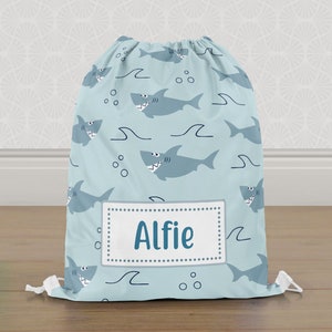 Personalised Shark Gym Bag, Boys Kids Drawstring Bag, Childrens School PE Bag, Swim Bag | Customise with any Name