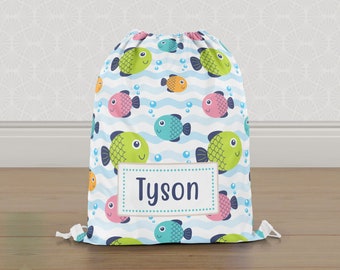 Personalised Fish Gym Bag, Multicoloured Boys Girls Kids Drawstring Bag, Childrens School PE Bag, Swim Bag | Customise with any Name