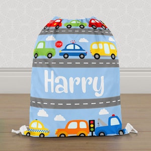 Personalised Cars & Transport Gym Bag, Boys Kids Drawstring Bag, Childrens School PE Bag, Swim Bag | Customise with any Name