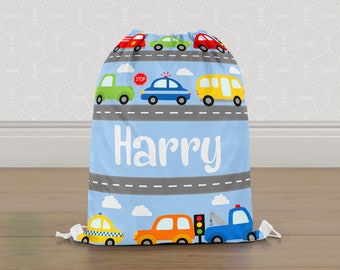 Personalised Cars & Transport Gym Bag, Boys Kids Drawstring Bag, Childrens School PE Bag, Swim Bag | Customise with any Name