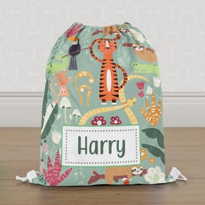 Personalised Rainforest Animals Gym Bag, Boys Kids Drawstring Bag, Childrens School PE Bag, Swim Bag | Customise with any Name