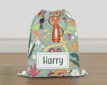 Personalised Rainforest Animals Gym Bag, Boys Kids Drawstring Bag, Childrens School PE Bag, Swim Bag | Customise with any Name