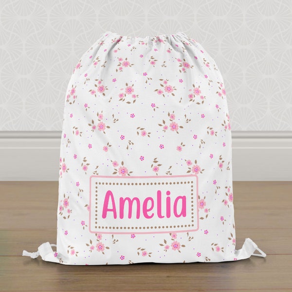 Personalised Floral Flowers Gym Bag, Girls Kids Drawstring Bag, Childrens School PE Bag, Swim Bag | Customise with any Name