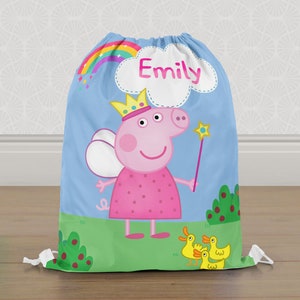 Personalised Peppa Pig Gym Bag, Girls Peppa Kids Drawstring Bag, Childrens School Bag, School PE Bag, Swim Bag | Customise with any Name