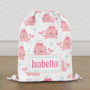 Personalised Pink Whales Gym Bag, Girls Kids Drawstring Bag, Childrens School PE Bag, Swim Bag | Customise with any Name