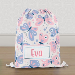 Personalised Butterfly Butterflies Gym Bag, Girls Kids Drawstring Bag, Childrens School PE Bag, Swim Bag | Customise with any Name