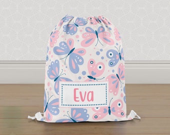 Personalised Butterfly Butterflies Gym Bag, Girls Kids Drawstring Bag, Childrens School PE Bag, Swim Bag | Customise with any Name