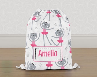 Personalised Cats Ballerina Gym Bag, Kitty Ballet Girls Kids Drawstring Bag, Childrens School PE Bag, Swim Bag | Customise with any Name