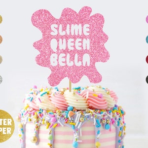 Slime Queen Cake Topper Pink Glitter Heart Shape Slime Art Themed Party Decor Pick for Girl Baby Shower Slime Themed Birthday Party Decorations