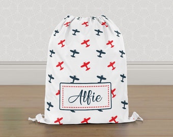 Personalised Aeroplanes Planes Gym Bag, Boys Kids Drawstring Bag, Childrens School PE Bag, Swim Bag | Customise with any Name