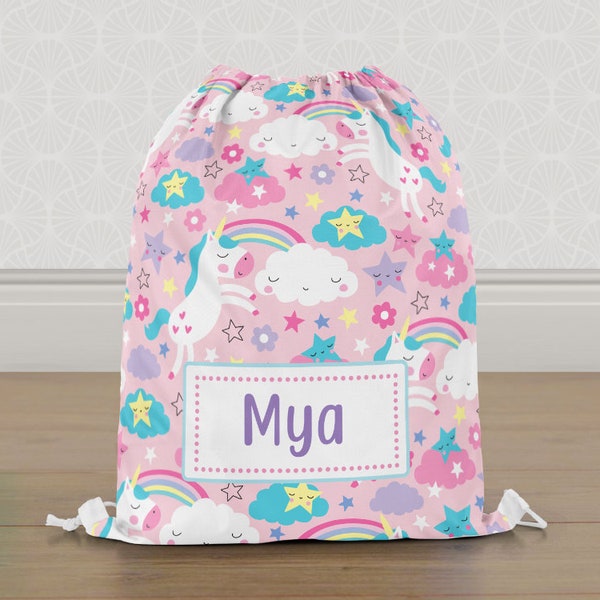 Personalised Unicorn Pink Rainbow Gym Bag, Girls Kids Drawstring Bag, Childrens School PE Bag, Swim Bag | Customise with any Name