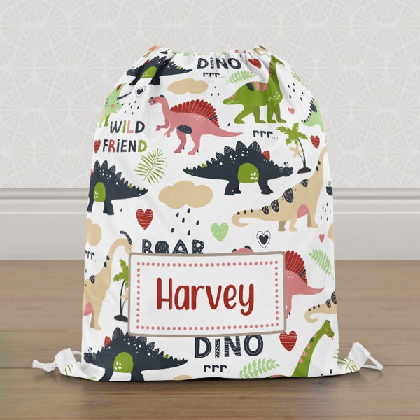 Personalised Dinosaur Gym Bag, Dino Boys Kids Drawstring Bag, Childrens School PE Bag, Swim Bag | Customise with any Name