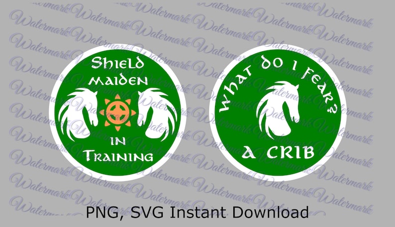 May include: Two green circle stickers with white outlines. The left sticker has a white horse head silhouette, a sun with orange rays, and the text "Shield Maiden in Training". The right sticker has a white horse head silhouette and the text "What do I fear? A crib".