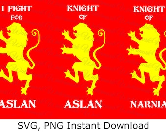 May include: Three yellow lion crests on a red background. The first crest says "I Fight For Aslan". The second crest says "Knight of Aslan". The third crest says "Knight of Narnia".