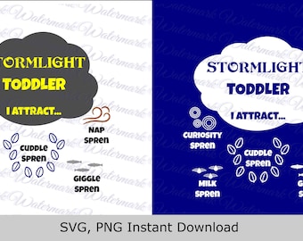 May include: A white and a gray cloud with the text "Stormlight Toddler I Attract..." in yellow. The clouds are surrounded by icons with the text "Curiosity Spreen", "Cuddle Spreen", "Nap Spreen", "Milk Spreen", and "Giggle Spreen".