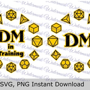 May include: A black and yellow graphic design with the text "DM in Training" surrounded by a circle of yellow dice.