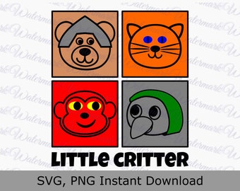 May include: A digital illustration of four cartoon animals. The animals are a bear wearing a helmet, a cat, a monkey, and a bird. The animals are arranged in a grid pattern. The background is white. The text "LITTLE CRITTER" is below the animals. The text "SVG, PNG Instant Download" is below the text "LITTLE CRITTER".