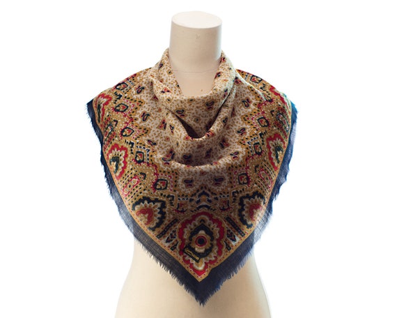 Wool Scarf Paisley Kerchief 70 Navy Red Gold Scar… - image 1