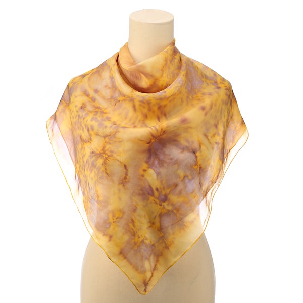 Mustard SILK Scarf Vintage 90s Tie Dye Scarf Moms Gift Yellow Scarf GALAXY Print Kerchief Mother's Day Gift Hand Rolled Edges Retro Scarf