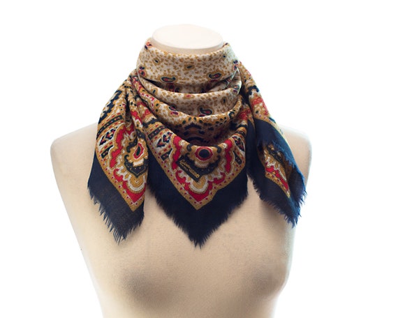 Wool Scarf Paisley Kerchief 70 Navy Red Gold Scar… - image 3