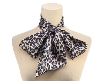 Leopard Silk Hair Bow Handmade Gift For Her Women's Gift Silk Choker Woman Tie Double Headband Skinny Slim Scarf Long Narrow Hair Ribbon
