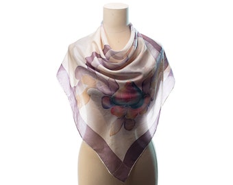 Bohemian SILK Scarf Vintage 1990s White Purple Silk Kerchief Semi Sheer Delicate Floral Shawl Abstract Scarf Moms Gift Mother's Day Gift
