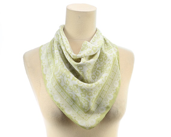 Small Scarf Green Silk Floral Kerchief Silk Banda… - image 1