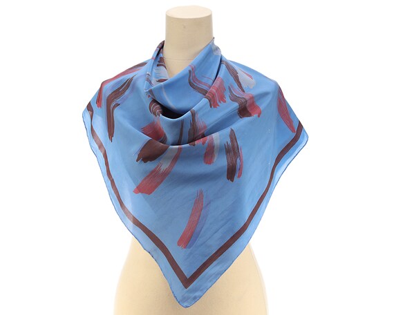 Boho Silk Scarf Genuine Silk Kerchief Blue 70s CR… - image 2