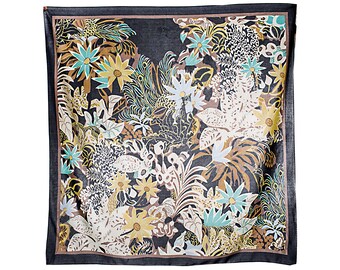 Bohemian Silk Scarf Black Beige Silk Kerchief 70s Meadow Print Scarf CREPE SILK Scarf Vintage Silk Scarf Floral Scarf Women's Gift Moms Gift
