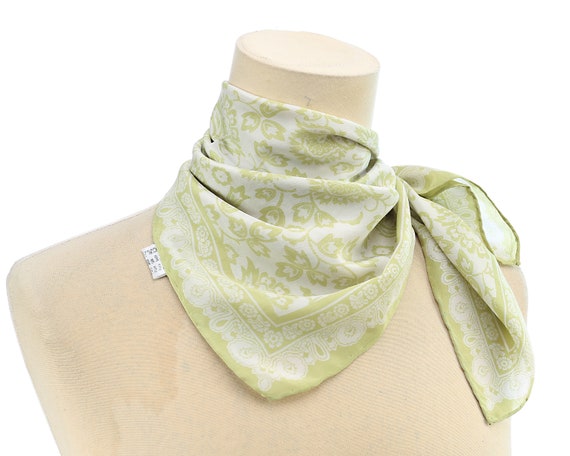 Small Scarf Green Silk Floral Kerchief Silk Banda… - image 2