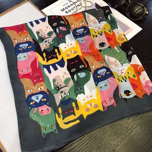 Cat Print Scarf Kitten Silk Kerchief Gift for Her Colorful Handmade Small Scarf Cartoon Cat Lover Scarf Face Mask Like Scarf Neck Scarf