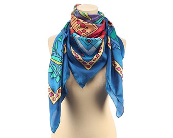 Twill Silk Scarf Boho Scarf Vintage Silk ScarfY2K Gift for Her Silk Kerchief Abstract Psychedelic Neck Scarf Hand Rolled Edges Moms Gift