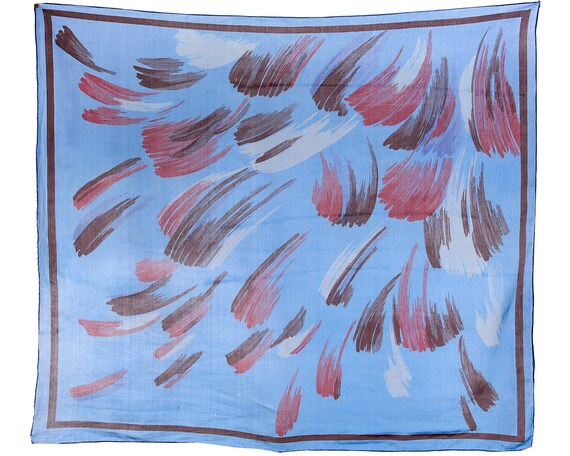 Boho Silk Scarf Genuine Silk Kerchief Blue 70s CR… - image 1