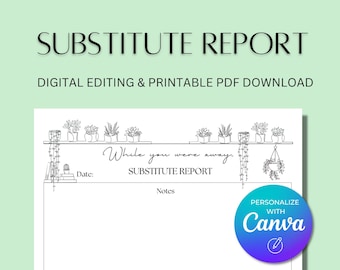 Rapport de substitution au format PDF pour impression et utilisation numérique (conception d'une plante), note de substitution, rapport de substitution imprimable, note pendant votre absence