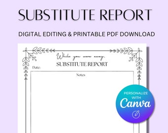 Printable Substitute Report PDF: Teacher Feedback Note (Digital Download)
